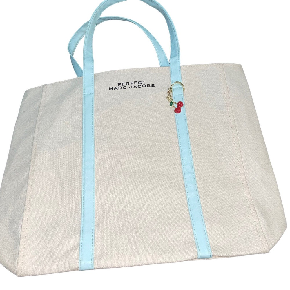 Marc Jacobs Perfect Ivory White Blue Accent Fabric Tote Bag Cherry Charm NEW